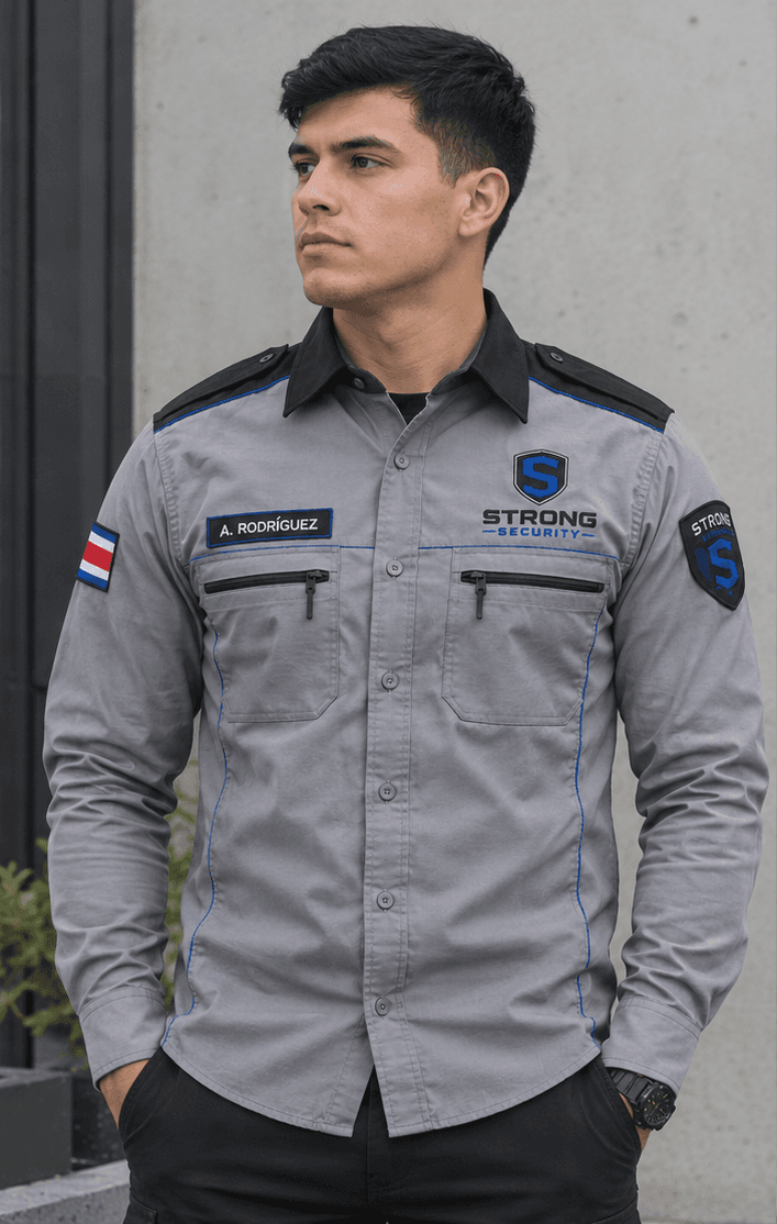 Oficial de Strong Security con el uniforme completo, vista frontal