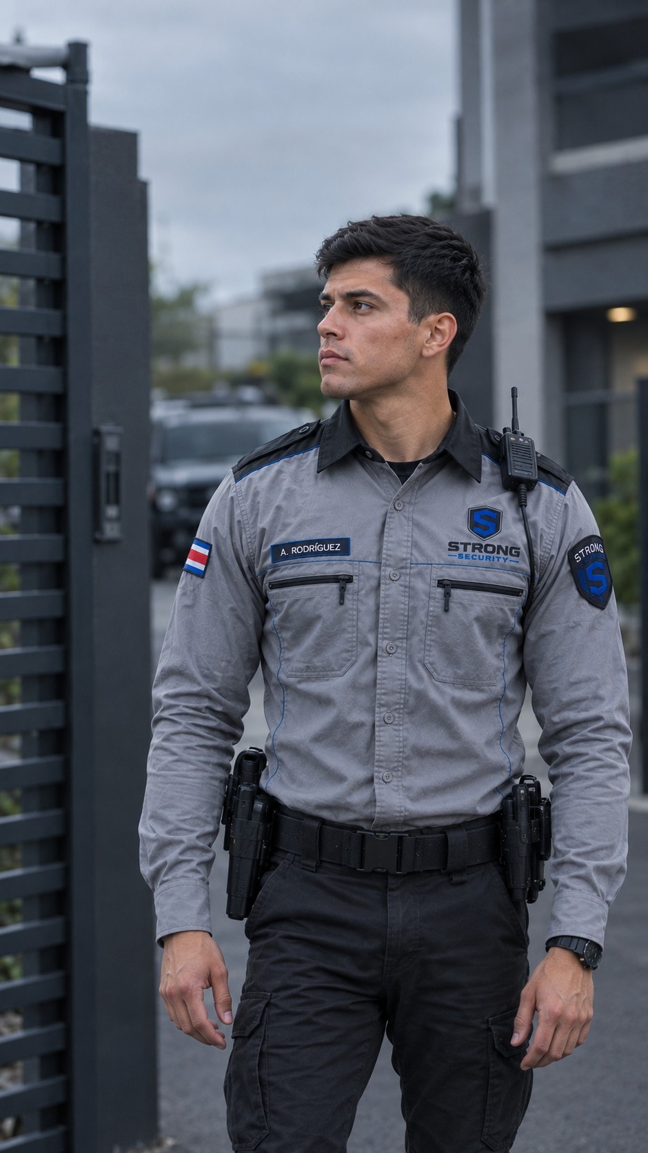 Oficial de Strong Security uniformado en el portón de acceso de un condominio